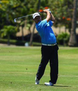 Garrett Okamura hits his approach to number nine green during the 2016 BMW Ultimate Challenge at Kāʻanapali Golf Resort Royal Course. April 30th, 2016.  Photo credit: Aric Becker