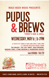 Pupus & Brews event at Three's Bar & Grill on May 11 from 5 to 7 p.m. Courtesy image.