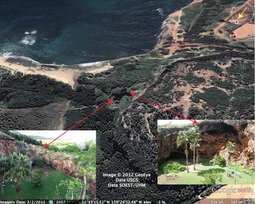 The only well-documented paleotsunami deposit in Hawaii from the 16th century is on Kaua`i. The Makauwahi sinkhole, on the side of a hardened sand dune, is viewed toward the southeast from an apparent altitude of 342 m. Inset photos show two of the wall edges, indicating the edges of the sinkhole. The east wall (left) is 7.2 m above mean sea level, and about 100 m from the ocean. Note for scale the people in the right image. Photo credits: R. Butler (left), Gerard Fryer (right), GoogleMaps (background). Figure from Butler et al., 2014.