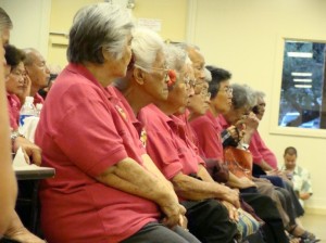 Dozens of senior citizens came out in support of Maui Economic Opportunity and funding requests to increase the Villager Route from every hour to every half hour for West Side residents who use public transportation.  Photo by Wendy Osher.