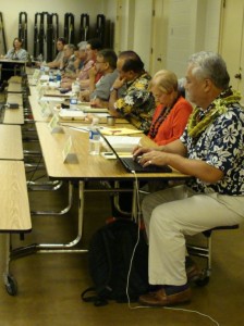 The Maui Council Budget Committee visited the Lahaina Civic Center last night to hear testimony from West Side residents.  Further meetings are planned in Kihei, Pukalani, Hana and Lanai.  Photo by Wendy Osher.
