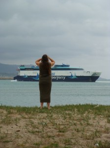 Maui resident Dorothy "Dot" Buck looks on as the Hawaii Superferry made it's last scheduled departure from Kahului Harbor on March 19, 2009.  Photo by Wendy Osher. 