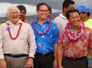 File Photo:  Senator J. Kalani English (middle) at the ground breaking ceremony for the widening of the Haleakala Highway.  Others in the photo are Rep. Joe Souki (left) and Rep. Kyle Yamashita (right).  Photo by Wendy OSHER Â© 2009