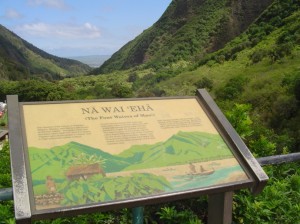 A sign at Iao Valley State Park points to the significance of Na Wai 'Eha and the streams that sustained the life below.  Photo by Wendy OSHER Â© 2009.
