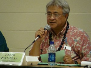 File Photo:  Budget Chair Joe Pontanilla speaks to the public at a hearing held at the Lahaina Civic Center earlier in the budget process calling for support in maintaining the county's share of the hotel room tax or TAT.  Photo by Wendy OSHER 2009.  