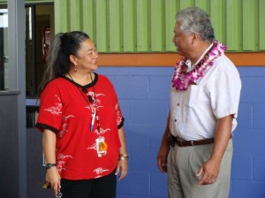 Aloha Air Cargo employee Mary Luâ€™uwai greets Lanaâ€™i Councilman Sol Kahoohalahala, one of the many dignitaries who attended the cargo facility blessing. Photo by Wendy OSHER.