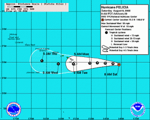 (Click image to enlarge.  5-day-cone of error image courtesy The National Hurricane Center and NOAA)