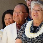 U.S. Senator Daniel Inouye (left) and Maui Mayor Charmaine Tavares (right) participate in the blessing ceremony for Mauiâ€™s newest supercomputer. Photo by Wendy Osher.