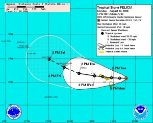 (Click to enlarge image.  Cone imagery courtesy NOAA & NWS.  Image updated at 5 p.m. 8/10/09)