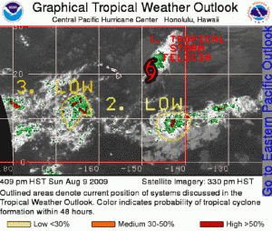 (Click to enlarge image.  Satellite graphic created at 4:09 p.m. HST 8/9/09 by NOAA & NWS)