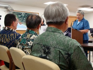 Maui Mayor Charmaine Tavares unveiled her version of the Budget in March, presenting the document to members of the Maui County Council.  File Photo by Wendy Osher.