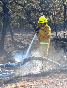     The Maui Fire Department utilized ground crews and Air One support to battle a brush fire and keep it from spreading in the terrain above Maalea. Photo Courtesy County of Maui.