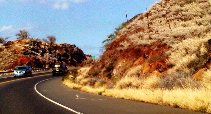 Severe drought conditions return to the leeward slopes of Maui. Photo of dry brush along the Pali section of the Honoapiilani Highway, by Wendy Osher.