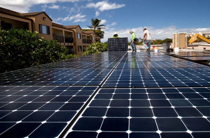Entering the Feed In Tariff program in December 2011, the AAAAA Rent-A-Space photovoltaic system in Lahaina has a capacity of 250 kilowatts contributing to Maui’s record solar installation pace.  Courtesy photo MECO.