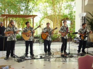 Students in the Institute of Hawaiian Music playing at the Fairmont Kea Lani as part of the Aloha Friday Summer Concert series. Courtesy photo, UHMC.