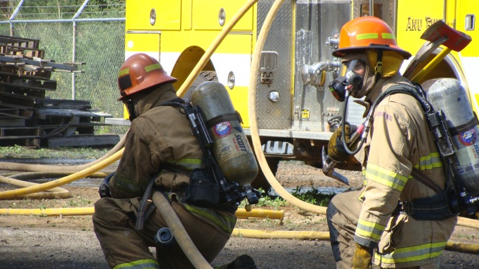 Maui Firefighters during a recent training drill in Kahului. File photo by Wendy Osher.