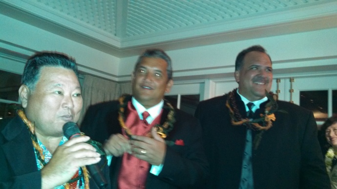 First picture of is Mayor Alan Arakawa, Hawaii County Mayor Billy Kenoi and Kauai County Mayor Bernard Carvalho.