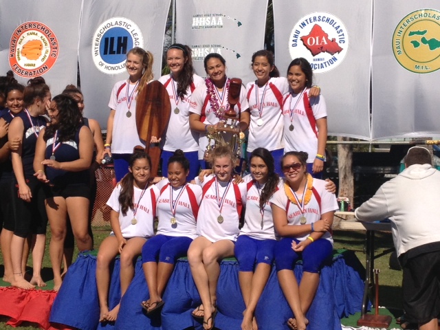 Seabury Hall's state champion girls crew pose with their gold medals after beating Kamehameha-Kapalama on Friday at Keehi Lagoon on Oahu. Photo by Kaimana Brummel.