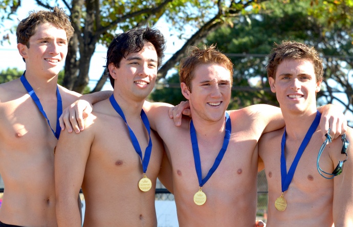 The record-breaking Seabury Hall 200 relay en route to an all-Maui record time of 1 minute, 28.17 seconds. From left, Ryan Koss, John Van Scoy, Zack Kresge and Renny Richmond made up the winning quartet that bettering the mark set by Baldwin in 1994 by 1.76 seconds. Photo by Rodney S. Yap.