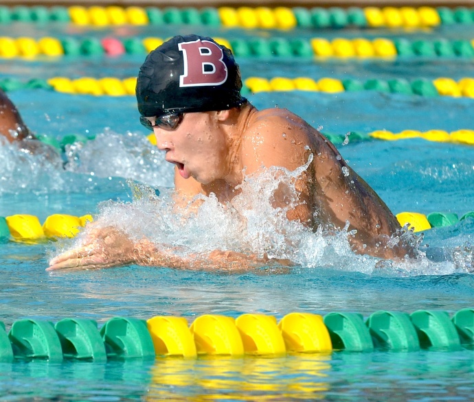 Baldwin's 100 breaststroke winner Carter Suzuki led the Bears to a sweep of the event. Photo by Rodney S. Yap.