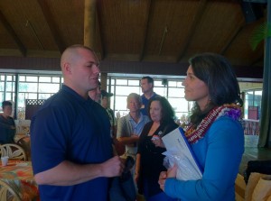 Rep. Tulsi Gabbard discusses proposed Veterans Resource Center at UH-Maui with Callahan Welsh following a veterans forum.  Courtesy photo.
