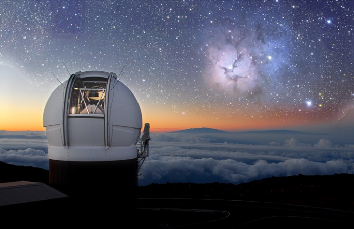 Courtesy image: Photo of the Pan-STARRS 1 telescope atop Haleakala, Maui by Rob Ratkowski. Photomontage by Karen Teramura using an image of the Trifid Nebula taken with this telescope.