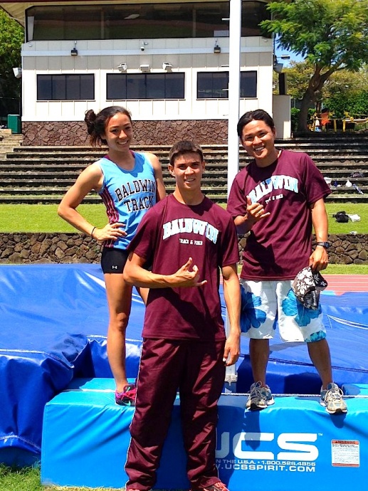 Baldwin High School's Amber Kozaki and Tyler Feiteira pose on the pole vault pit at the Punahou Relays Saturday, April 20, on Oahu. Photo by Brittany Feiteira.