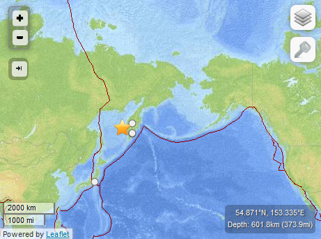 Sea of Okhotsk earthquake, 7:45 p.m. HST May 23, 2013. Map imagery courtesy USGS/ powered by Leaflet.