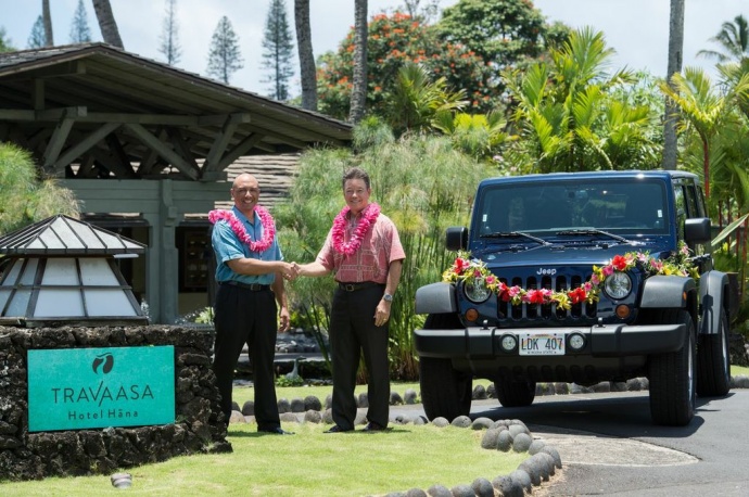 Danny Mynar, General Manager of Travaasa Hana, and John Foy, Area Sales Manager for Enterprise Rent-A-Car, announce a new rental car partnership at Travaasa Hana. CREDIT: Travaasa Hana, Maui 