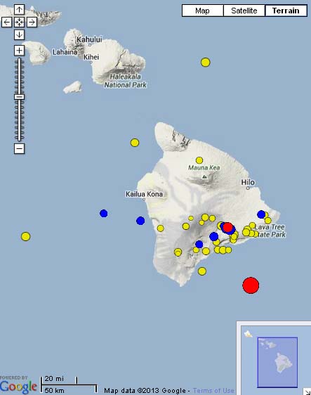 5.6 Hawaiʻi Island earthquake, 2:13 p.m. June 4, 2013. Map courtesy Hawaiian Volcano Observatory and Google Maps.