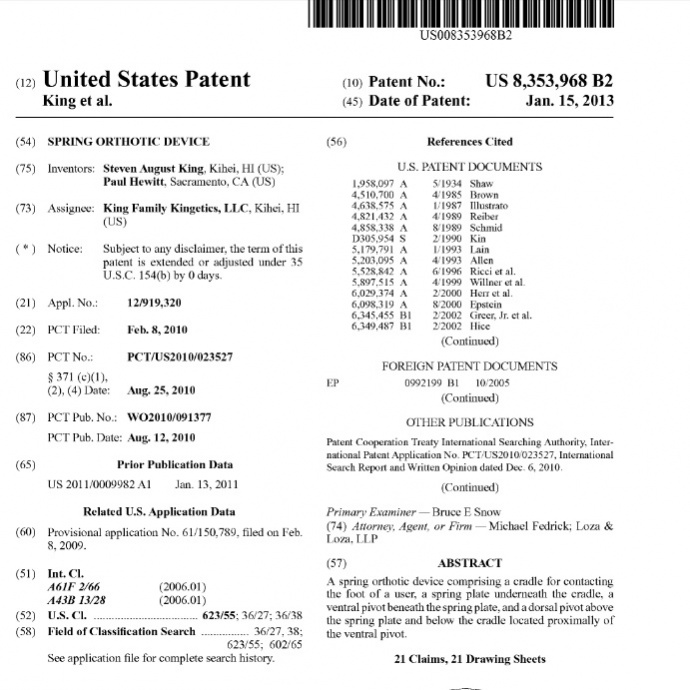 Kingetic's US patent for the Spring Orthotic Device inside the boot. January 15, 2013.