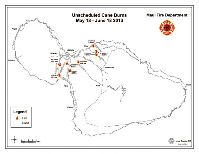Map of unscheduled cane burns. Image courtesy County of Maui.