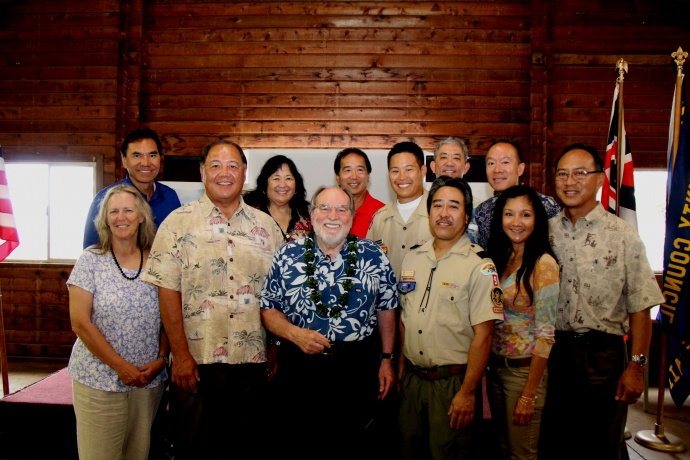Governor Neil Abercrombie visits Camp Maluhia. Photo taken with Maui County Council Boy Scouts Board of Directors. Front row left to right- Ellen Loucks, Eugene Bal, Governor Neil Abercrombie, Eric Nagamine, Carol Reimann, Fred Wong Back row left to right- Herb Yuen, Marilyn Niwao Roberts, Hilton Unemori, Robert Nakagawa, Brian Kakihara, and Grant Chun. 
