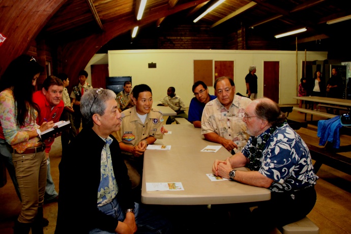 Governor Neil Abercrombie discusses Camp Maluhia improvements with Boy Scouts Board of Directors. Clockwise around table. Or left to right around table- Brian Kakihara, Robert Nakagawa, Herb Yuen, Eugene Bal, Governor Neil Abercrombie Left of table: Carol Reimann, Walter Vorfeld. 
