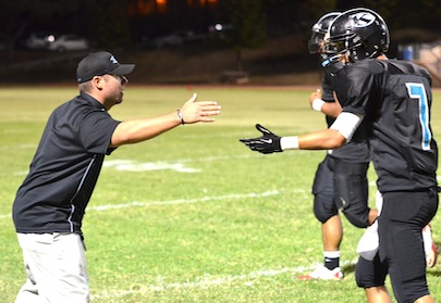 Former King Kekaulike defensive coordinator Kyle Sanches (left) is now the head coach at the Upcountry school. File photo by Rodney S. Yap. 