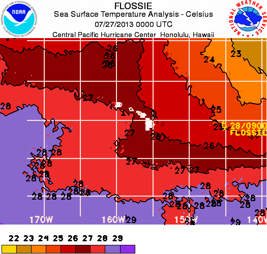 Flossie, sea surface temperature imagery. Seeing weather depicted in red makes it extra scary. Courtesy NWS, NOAA, CPHC.
