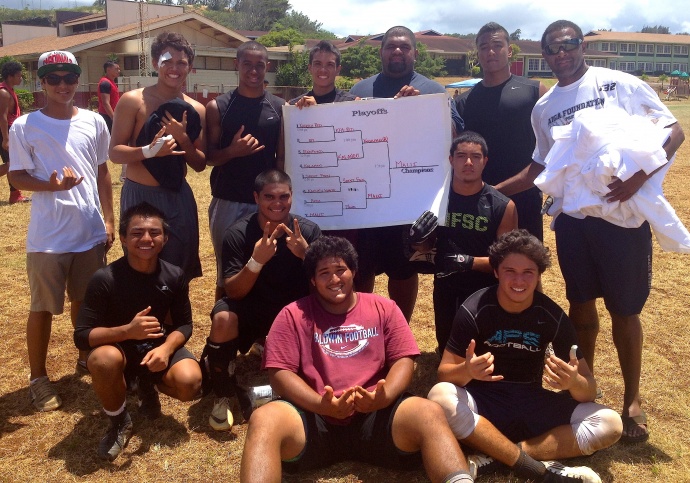 Team Maui defeated Kahuku 22-20 in the championship final of the first Kahuku High School 7 on 7 Passing Tournament in Laie on Saturday. Photo by Jack Damuni.