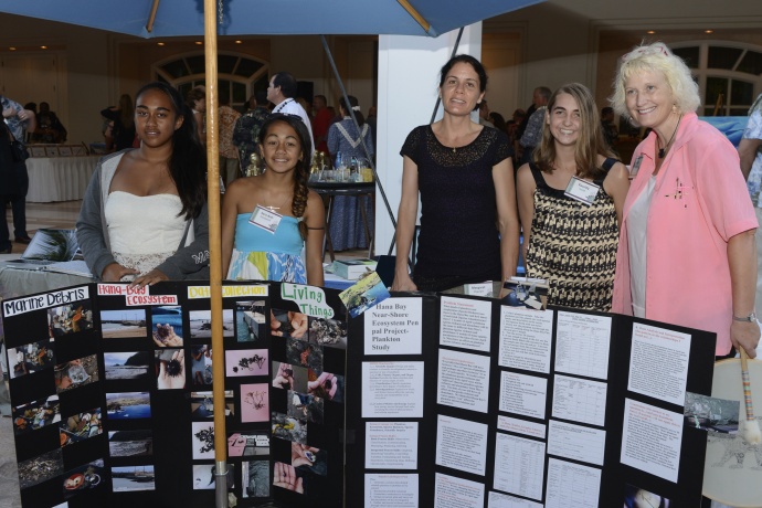 Hāna School students and their mentors shared their experiences from a STEM project featuring interaction with students in neighboring Pacific coastal communities. From left: Sheriah Day Ng, Sara-Ann Kanakaole, Hana School teacher Margaret Magonigle, Kassidy Smith and Margaret “Maggie” Prevenas, a Kalama Intermediate School teacher who also mentored the Hana students. Photo courtesy MEDB.