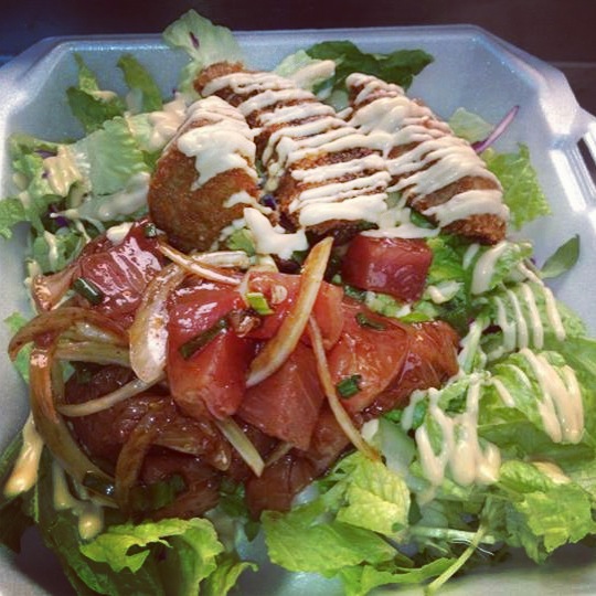 A combination of the poke and katsu "hippy" (on lightly dressed greens) style. Photo by Vanessa Wolf