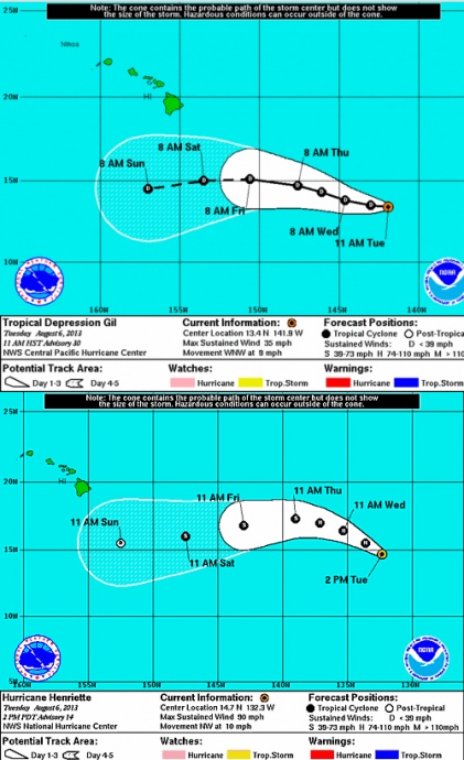 Tropical Depression Gil and Hurricane Henriette, 11 a.m. 8/6/13.  Image courtesy NWS/NOAA/CPHC.