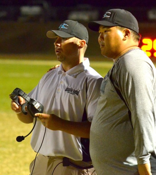 King Kekaulike head coach Kyle Sanches (left) and offensive line coach Trent Nakashima check their special team's personnel following Christian Garcia Alvarez' 62-yard fumble return for touchdown in the fourth quarter Friday night. Photo by Rodney S. Yap.