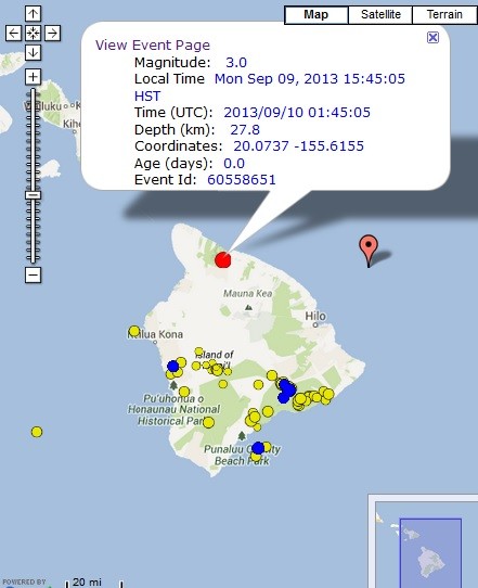 Waimea earthquake, 9/9/13. Image courtesy Google maps and Hawaiian Volcano Observatory.