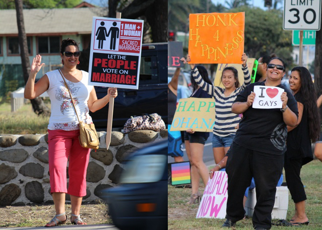In the weeks leading up to the special session, individuals from both sides of the issue were observed waving signs along Kaʻahumanu Avenue in Kahului to drum up support for their respective opinions on the topic of gay marriage. Photos by Wendy Osher.