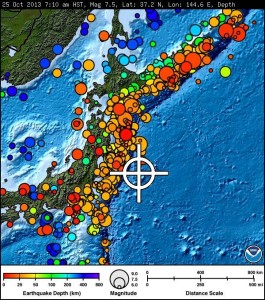 Honshu, Japan earthquake, Oct. 25, 2013. Mapping courtesy Pacific Tsunami Warning Center.