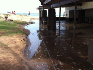 Lower lying areas of Baldwin Park in Pāʻia became flooded by high surf overnight. Photo, Nov. 13, 2013, courtesy County of Maui.