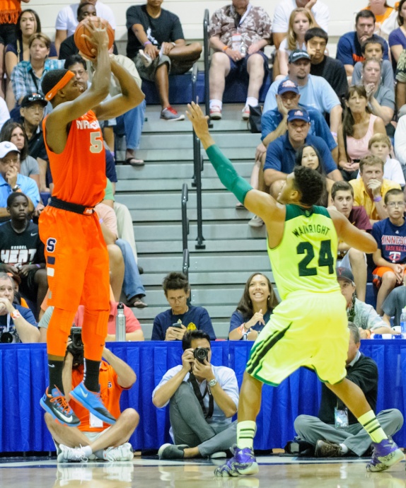 Syracuse's C.J. Fair shots this baseline jumper over Baylor's Ish Wainright (24) in Wednesday's championship game of the Maui Invitational Tournament. Photo by Denton Johnson.