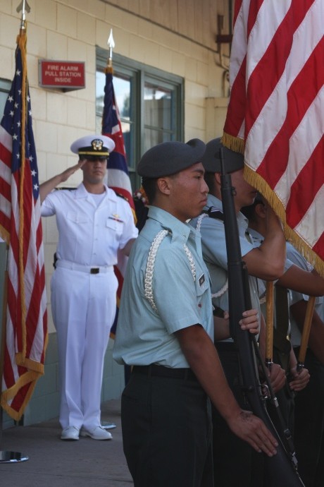 H.P. Baldwin H.S. Army JROTC saluted by Damien Cie (left), UH Maui College. Photo courtesy UHMC.