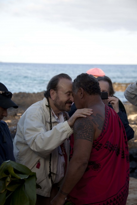 Filming of the Lifetime Channel movie, “The Blue Lagoon,” took place on Maui in 2012.  The OED hopes to bring more productions to Maui through the Film Office.  Photo: Director Mikael Salomon receives a blessing from Kimokeo Kapahulehua before the filming began. Image courtesy County of Maui.