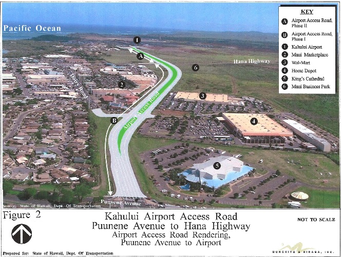 Kahului Airport Access Road map rendering, courtesy Munekiyo & Hiraga Inc. prepared for the State Department of Transportation as part of an EA & EIS, March 2012.