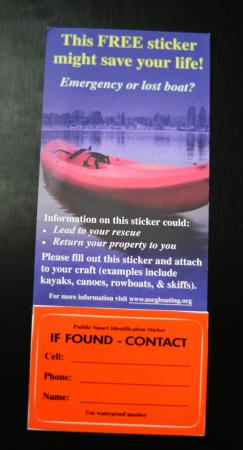 Through the Operation Paddle Smart Program, the Coast Guard offers a free, weatherproof and reflective, self-adhesive "If Found" decal to be placed in a visible location on small, human-powered (unregistered) watercraft.  Photo by Petty Officer 3rd Class Melissa McKenzie.